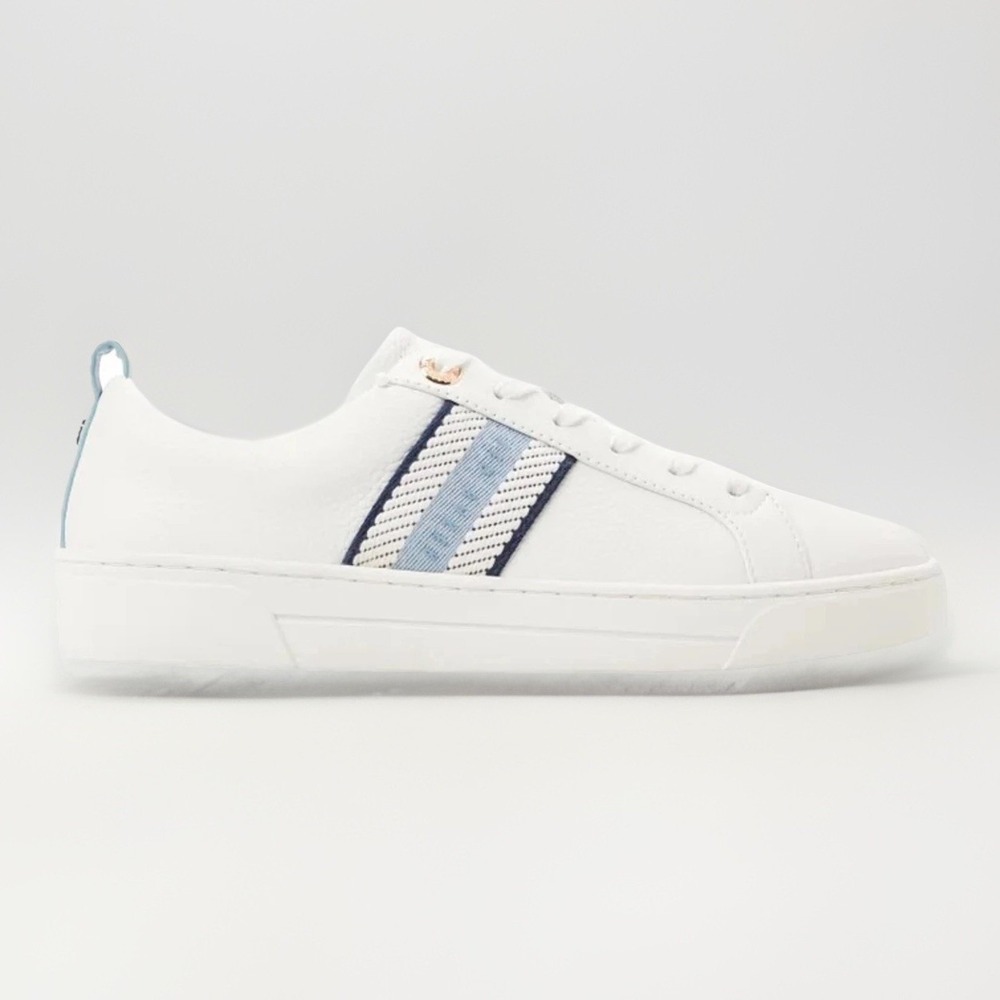 Ted Baker "Bailey Icon" Classic Leather Tennis Shoe White Blue Women's Size 7.5